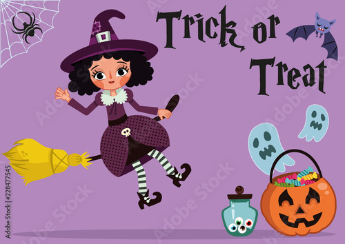 Witch on a Broom Says Trick or Treat (Vector illustration)