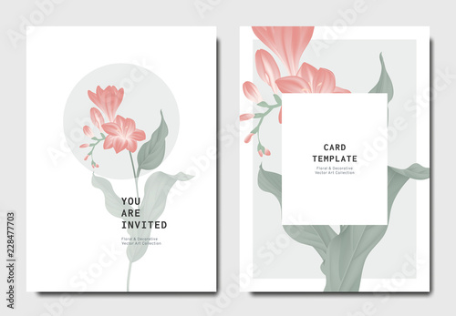 Fototapeta Naklejka Na Ścianę i Meble -  Botanical invitation card template design, red freesia flowers with leaves on grey and white background, minimalist vintage style