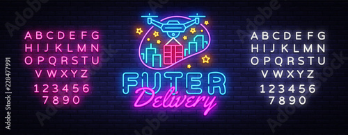 Drone Fast Delivery neon sign vector design template. Future Delivery concept neon logo, light banner design element colorful modern design trend, bright sign. Vector. Editing text neon sign