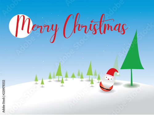 Merry Christmas Santa Claus and Christmas tree in Christmas snow scene. Winter landscape.