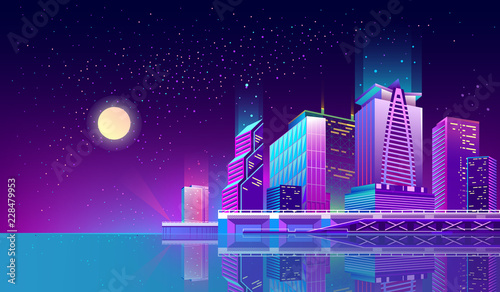 Vector concept background with night city illuminated with neon glowing lights. Futuristic cityscape in blue and violet colors, panorama with modern buildings, skyscrapers on waterfront, urban skyline
