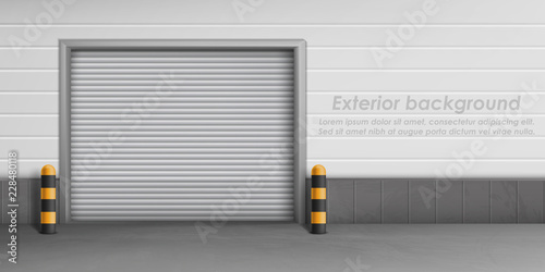 Vector exterior background with closed garage door, storage room for car parking. Warehouse entrance with roll shutters, hangar for repair service with metal doorway, concept illustration
