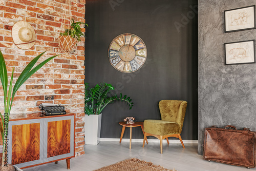 Round clock above table and green armchair in flat interior with plants and wooden cabinet. Real photo