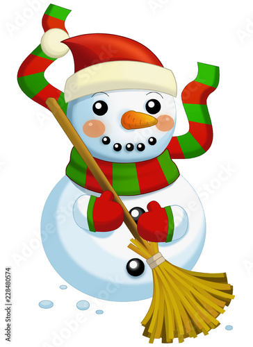 happy caartoon snowman - smiling and watching wtih broom - isolated on white background - vector illustration for children  photo