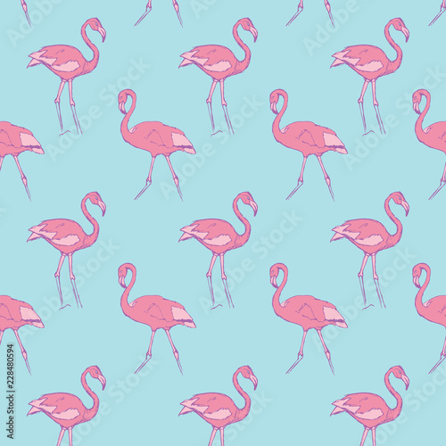 pattern with a rose flamingo on a blue background.