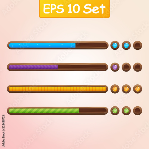 Set of four game resource bar in wooden frame. Cartoon style gui elements for mobile game. Vector design template for game, web development.