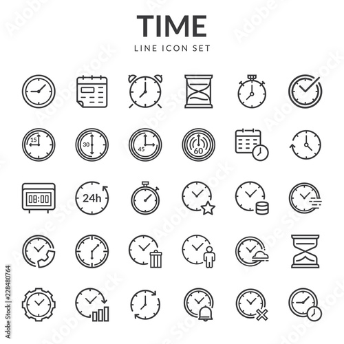 Time and clock icons. Set line icons of time. Collection of time and clock thin line icons