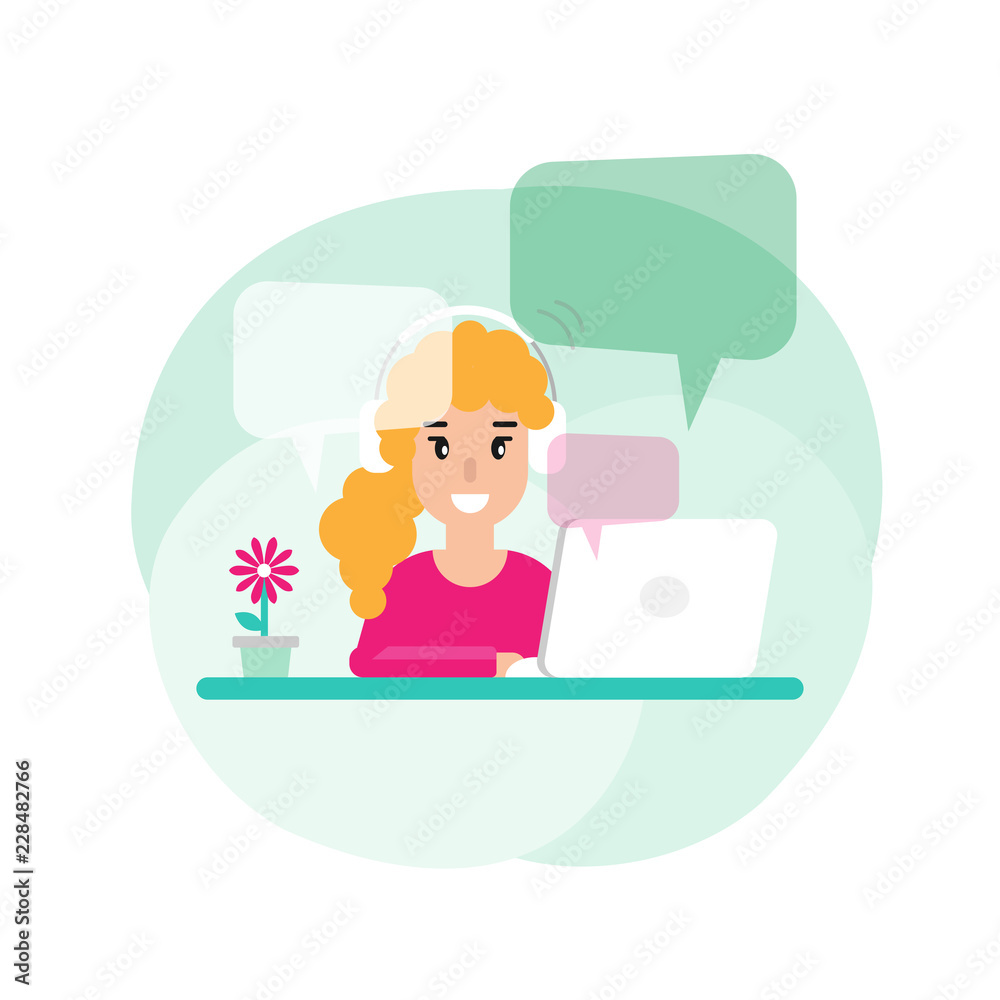 Happy freelancer girl on computer with speech bubbles. Happy freelancer girl on computer with speech bubbles.