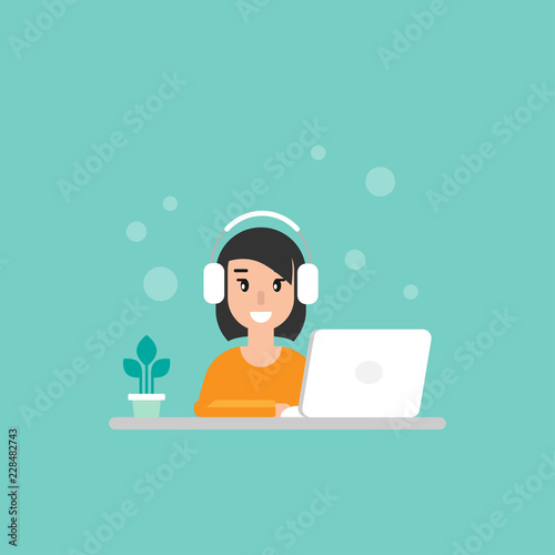 Happy freelancer girl on computer with speech bubbles.