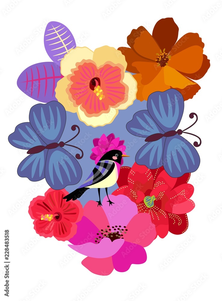 Greeting or invitation card with little bird, big blue butterflies and exotic flower in vector.