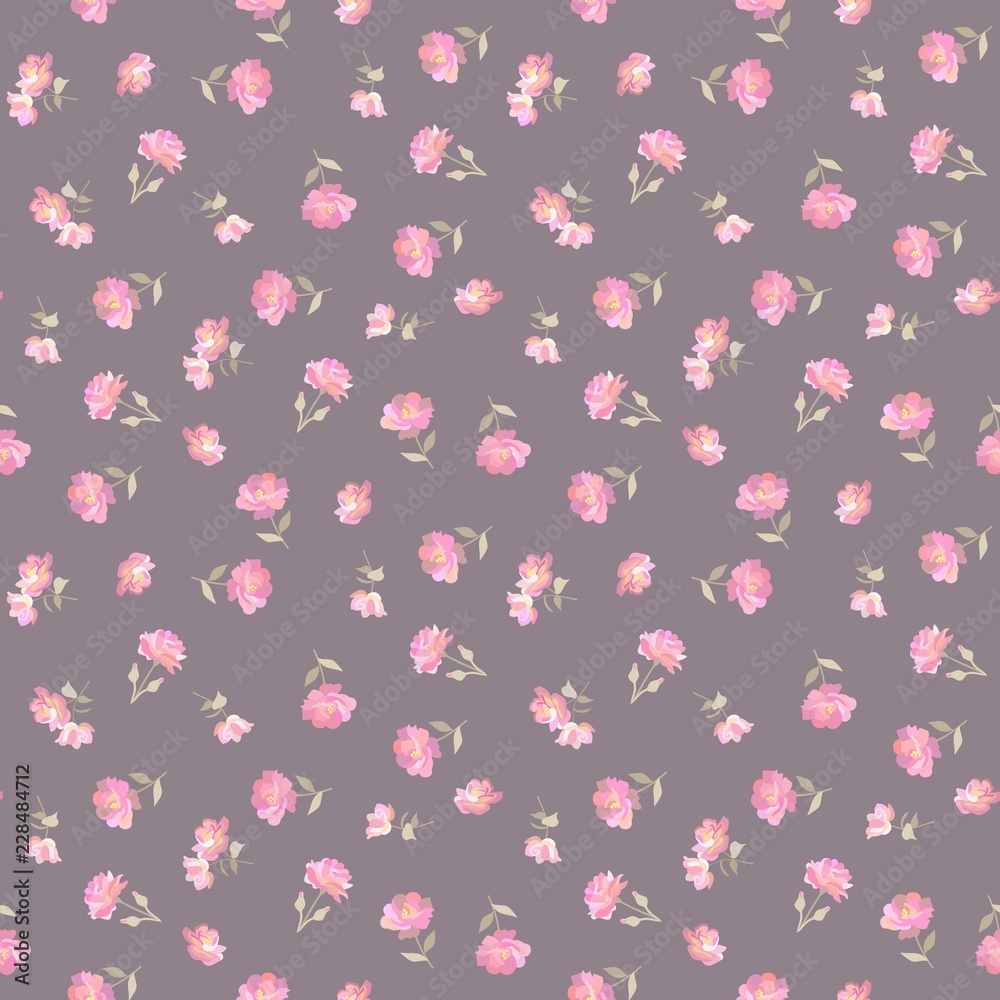 Mini gentle pink flowers on background of coffee color in vector. Ditsy seamless pattern in countru style. Print for fabric.
