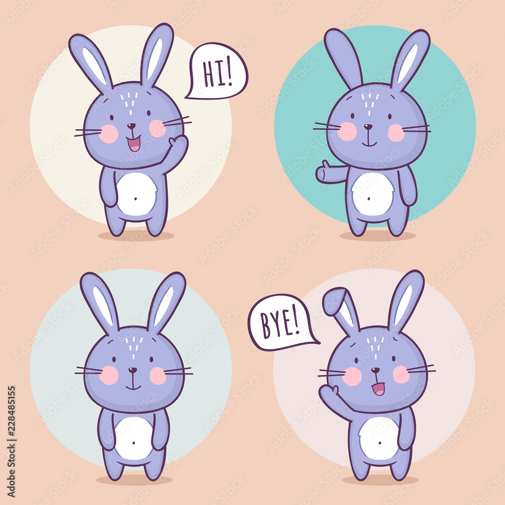 Set of cute bunny rabbit character with different emotions. Vector cartoon bunny character. Vector collection