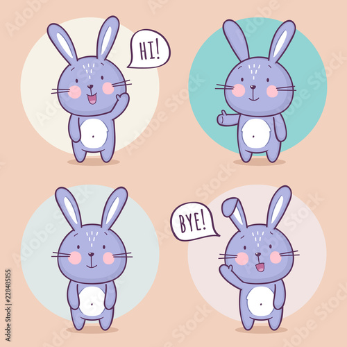 Set of cute bunny rabbit character with different emotions. Vector cartoon bunny character. Vector collection