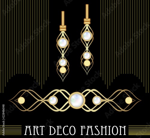 Art deco golden jewel set. Earrings and brooch with expensive pearls. Nice victorian jewellery. Vector illustration.