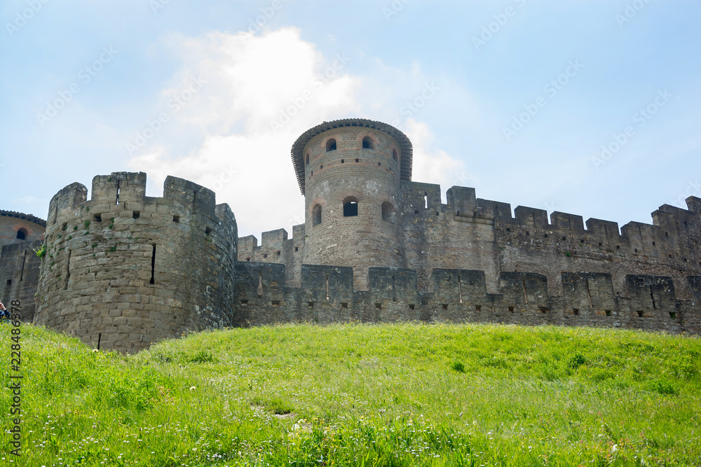 Fortress wall of the medieval city Carcassonne in France