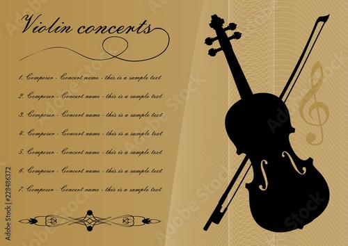 Violin concerts program template with black violin silhouette, sample text, calligraphic ornament and treble clef on gold background with abstract curves, vector template