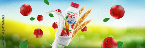 Natural organic cranberry yogurt with oats bottle on bright nature background, ready for branding and commercial use, flyer realistic illustration