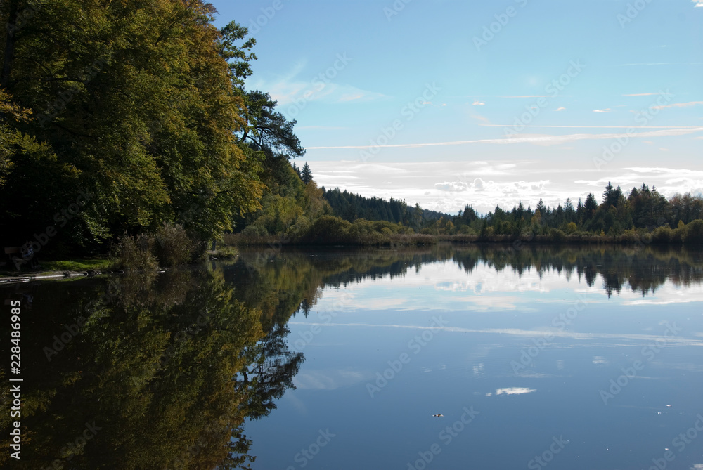 Obraz premium Moorsee, Weiher, Herbst, Wasser, See, Himmel, blau, weiss