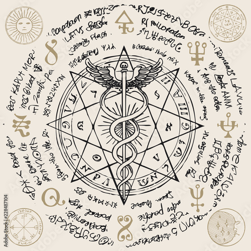 Vector banner with a hand drawn illustration of a Caduceus with an octagonal star. The staff of Hermes with two snakes with wings against the background of an old illegible manuscript. Medical symbol