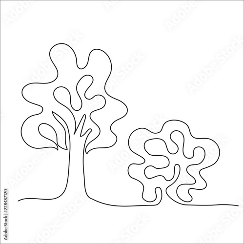 Tree and bush continuous line one line vector
