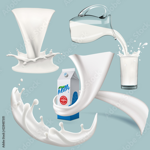 Set of splashing swirling and pouring milk, bottle, jug, glass, packaging carton, all objects isolated and can be edited separately