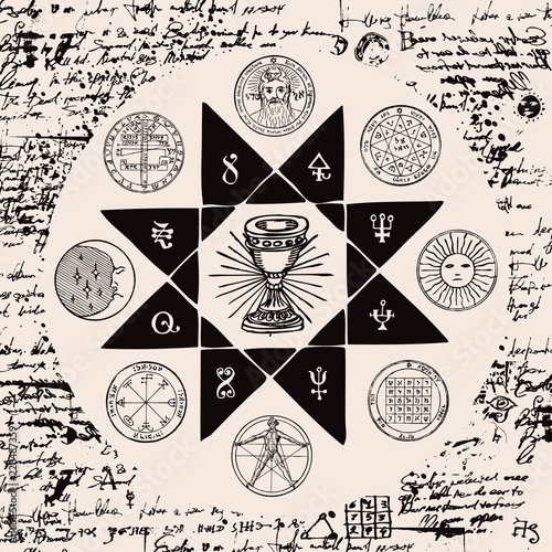 Vector banner on the theme of mysticism, magic, religion and the occultism. Hand drawn illustration of a Grail and other esoteric and masonic symbols on the background of an old illegible manuscript