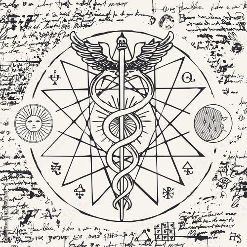 Vector banner with a hand drawn illustration of a Caduceus with an octagonal star. The staff of Hermes with two snakes with wings against the background of an old illegible manuscript. Medical symbol