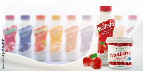 Cranberry drink yogurt bottle with greek yogurt jar and raw Ccranberry berries on bright background of many bottles and milk wave, ready for branding and commercial use, flyer realistic illustration