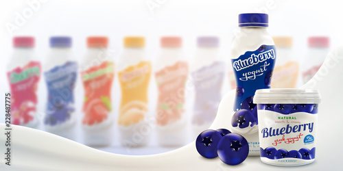 Blueberry drink yogurt bottle with greek yogurt jar and raw blueberry berries on bright background of many bottles and milk wave, ready for branding and commercial use, flyer realistic illustration