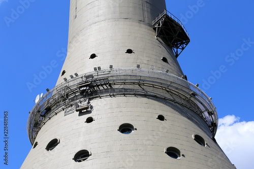 Ostankino television tower in Moscow, Russia. Standing 540.1 meters tall, it was the first free-standing structure in the world to exceed 500 meters in height. photo