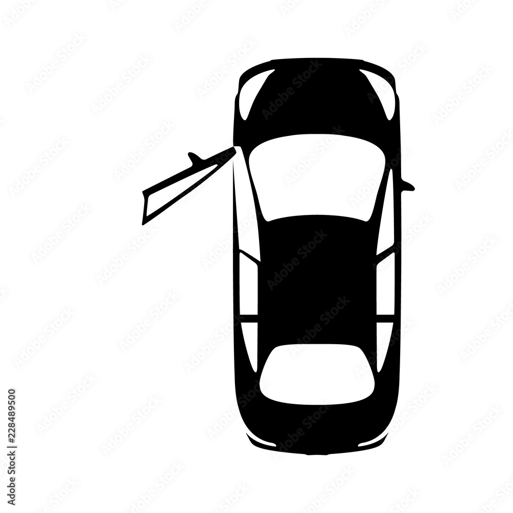 Big black car with open door, top view icon. Sport car, sedan, small mini avto and city