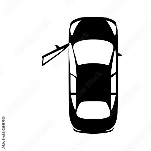 Big black car with open door, top view icon. Sport car, sedan, small mini avto and city automobile. Vector illustration