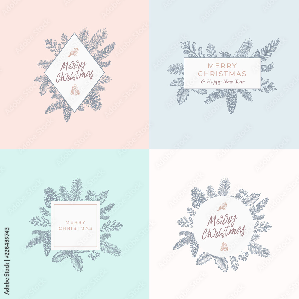 Set of Christmas Foliage Cards, Signs or Logo Templates. Abstract Hand Drawn Christmas Illustrations with Borders and Classy Typography. Good for Greetings, Invitations and Decor. Pastel Backgrounds