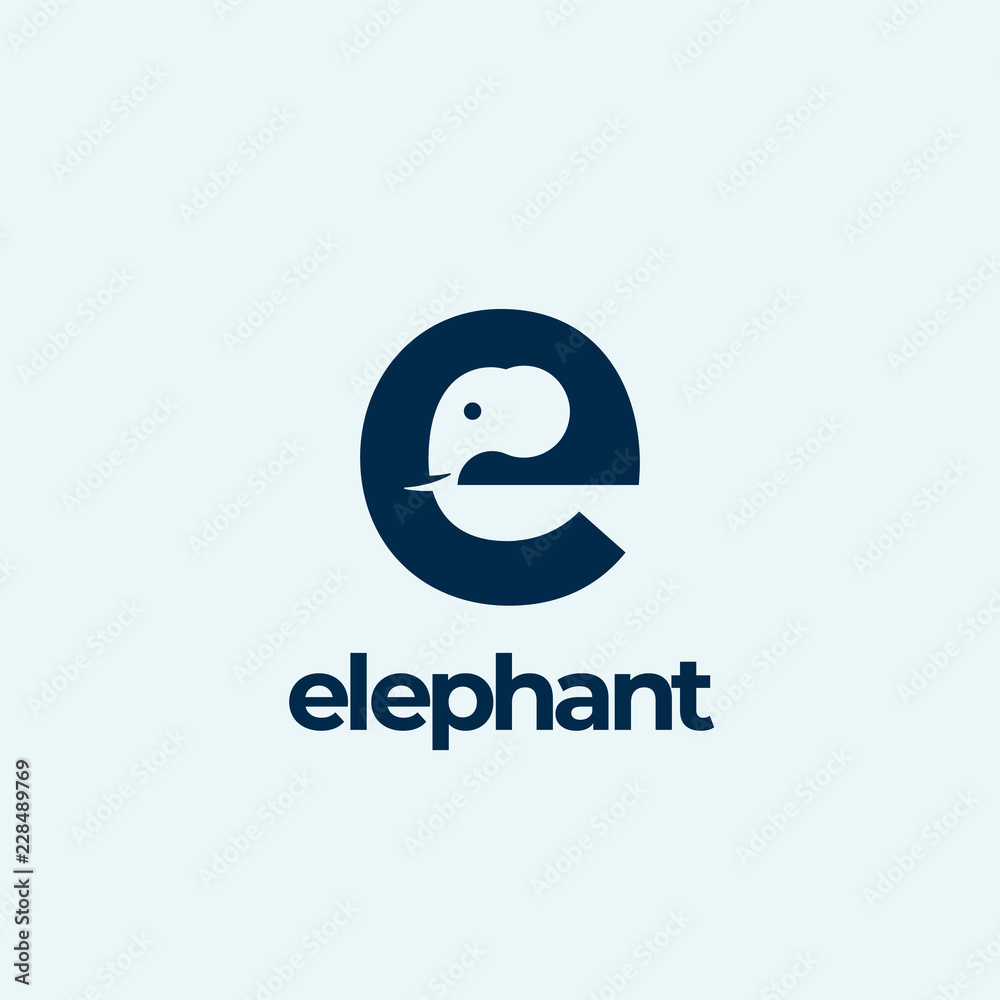 Elephant Abstract Vector Logo Template, Sign or Icon. Elephant Head Incorporated in the Letter E. Negative Space Concept with Modern Typography. Elephant Abstract Vector Logo Template, Sign or Icon. Elephant Head Incorporated in the Letter E. Negative Space Concept with Modern Typography.