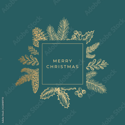 Merry Christmas Abstract Greeting Card with Square Frame Banner and Modern Typography. Golden Glitter Emblem with Sketch Drawings Layout. Premium Green Background