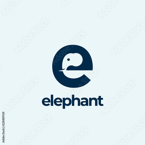 Elephant Abstract Vector Logo Template, Sign or Icon. Elephant Head Incorporated in the Letter E. Negative Space Concept with Modern Typography.
