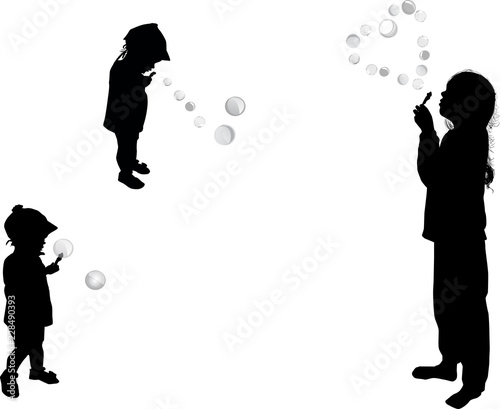 three girls blowing soap bubbles on white