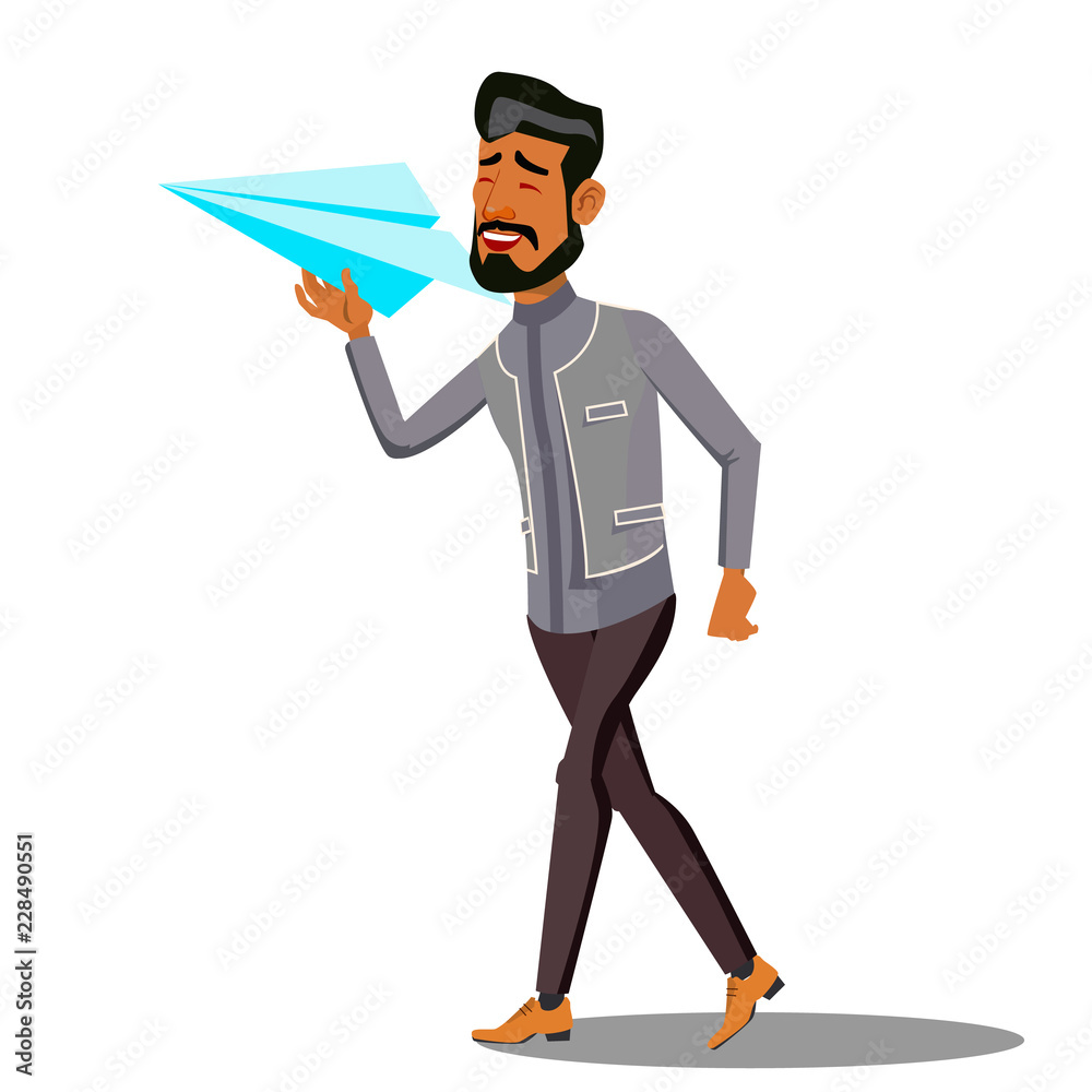 Startup, Manager In A Business Suit Starting Up Paper Airplane Vector. Isolated Illustration