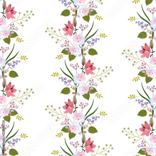 Seamless floral pattern with garland of garden flowers, leaves and branches islated on white background. Roses, lilies, buds of spirea and branch with stylized green berries.