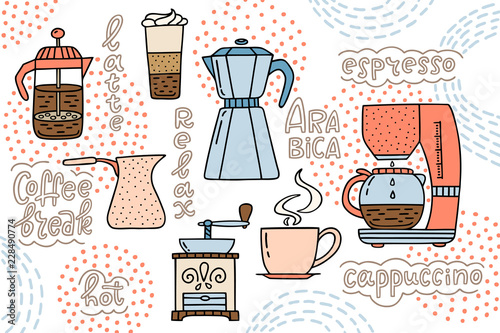 Coffee maker, the American press, coffee machine, cup of espresso, latte, and grinder