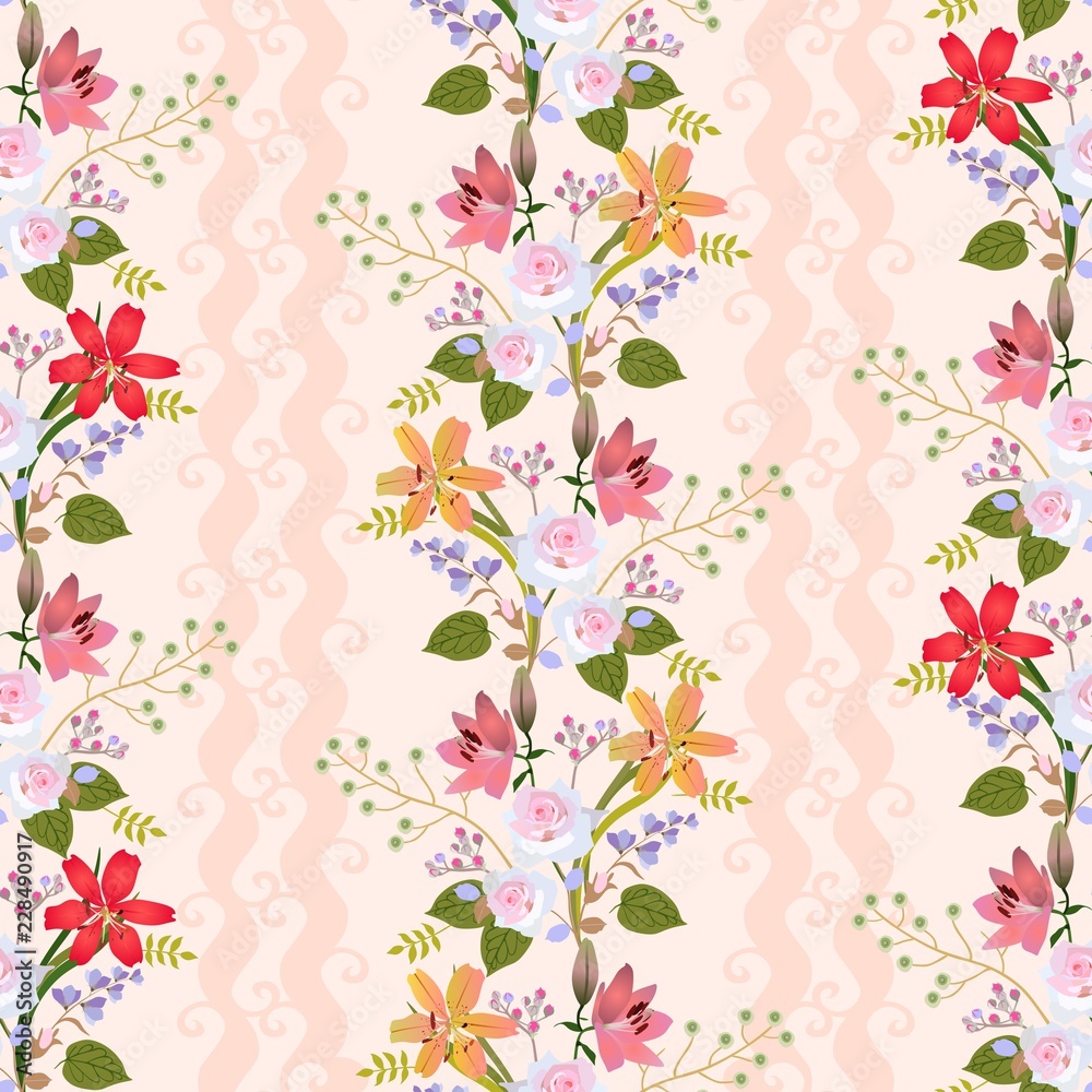 Seamless natural pattern with romantic floral wreath of lilies, roses, bell flowers, buds of spirea and branches with stylized green berries in vector. Print for fabric, wallpaper.