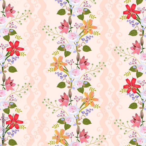 Seamless natural pattern with romantic floral wreath of lilies, roses, bell flowers, buds of spirea and branches with stylized green berries in vector. Print for fabric, wallpaper.