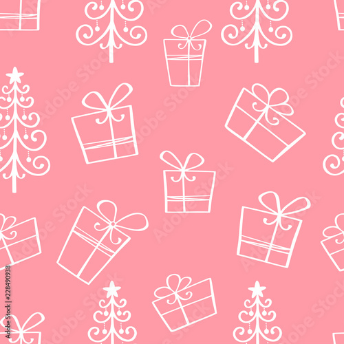 Vector seamless pattern with hand drawn gift boxes and Christmas tree