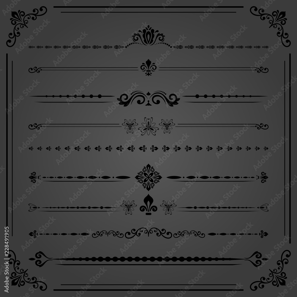 Vintage set of vector decorative elements. Horizontal separators in the frame. Collection of black different ornaments. Classic patterns. Set of vintage patterns