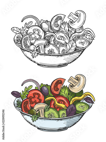 Big bowl of green salad with tomatoes, cucumbers, olives, onion, mushrooms. Vector illustration isolated