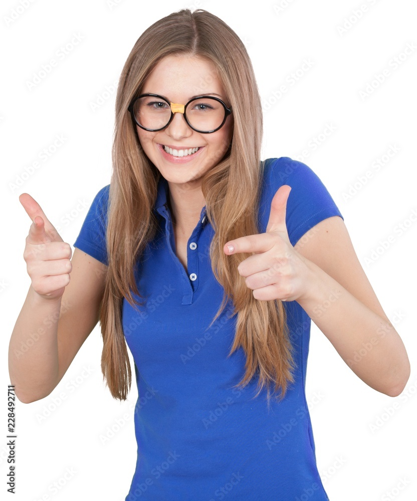 Fototapeta premium Young Woman Pointing Two Finger Guns - Isolated