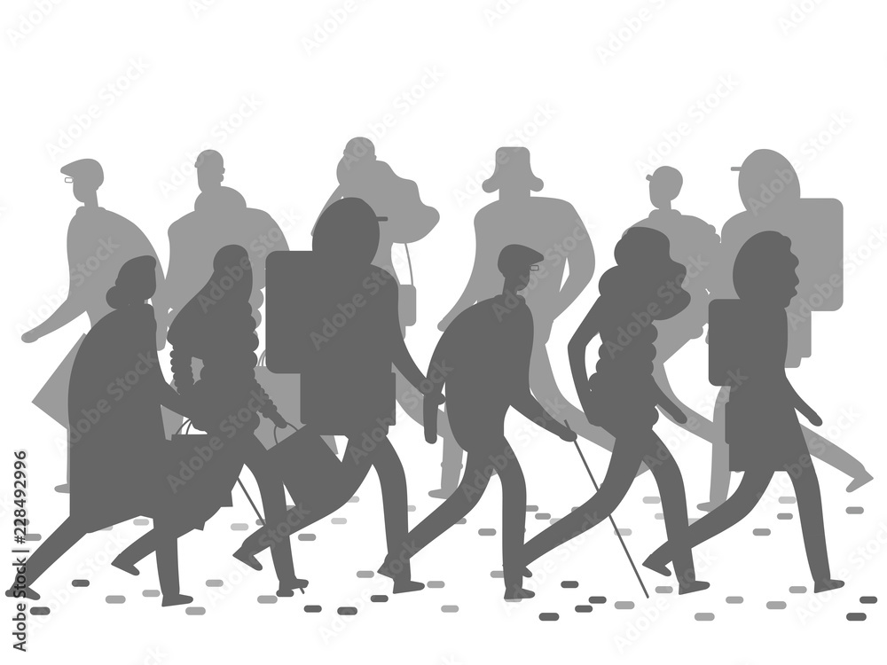 People silhouettes walking on the winter or autumn street. Grey walking people silhouettes isolated on white background. Vector illustration
