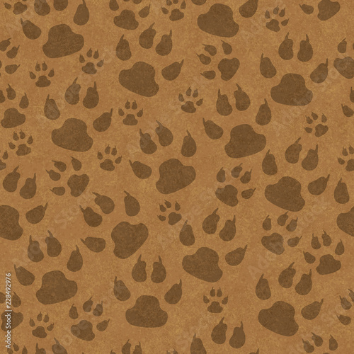 Brown cat paw prints seamless pattern background