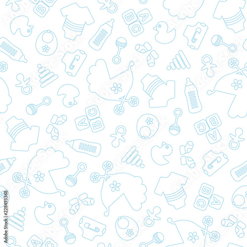 Seamless Baby Pattern Symbols Boy Blue Outline