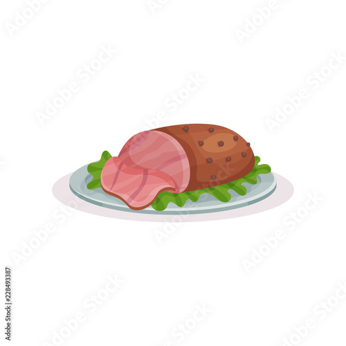 Grilled ham on a plate, traditional Christmas food  vector Illustration on a white background